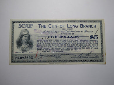 $5 1934 Long Branch New Jersey NJ Obsolete Currency Bank Note Scrip City of LB
