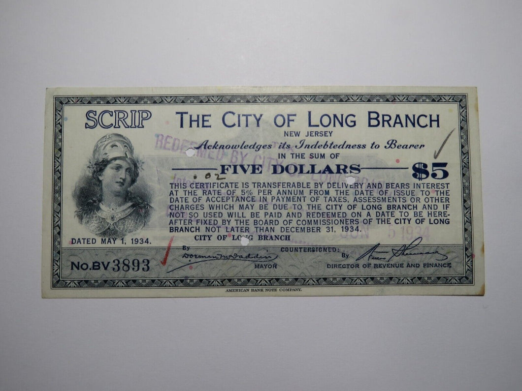 $5 1934 Long Branch New Jersey NJ Obsolete Currency Bank Note Scrip City of LB