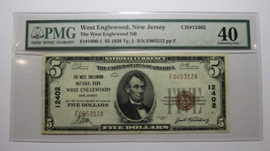 $5 1929 West Englewood New Jersey National Currency Bank Note Bill #12402 XF40