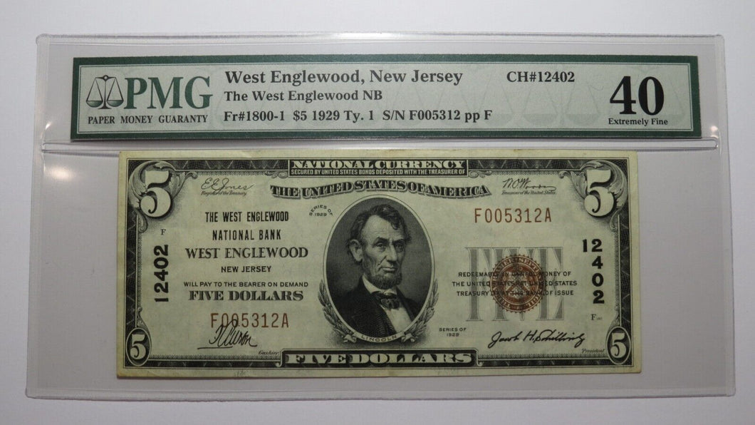 $5 1929 West Englewood New Jersey National Currency Bank Note Bill #12402 XF40