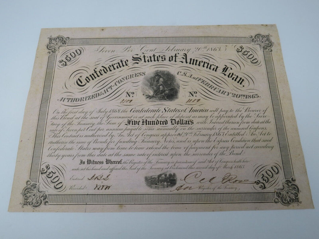 $500 1863 Confederate Bond Certificate Currency Bank Note Bill UNC 14