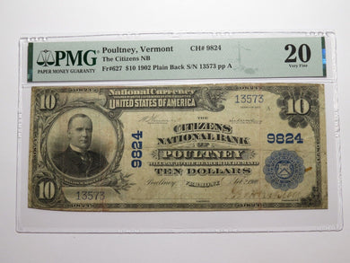 $10 1902 Poultney Vermont VT National Currency Bank Note Bill Ch. #9824 PMG VF20