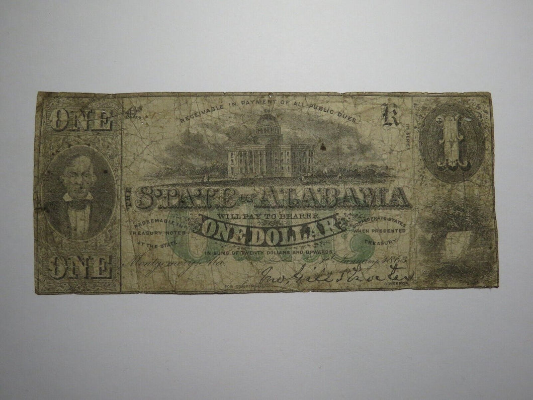 $1 1863 Montgomery Alabama AL Obsolete Currency Bank Note Bill State of Alabama
