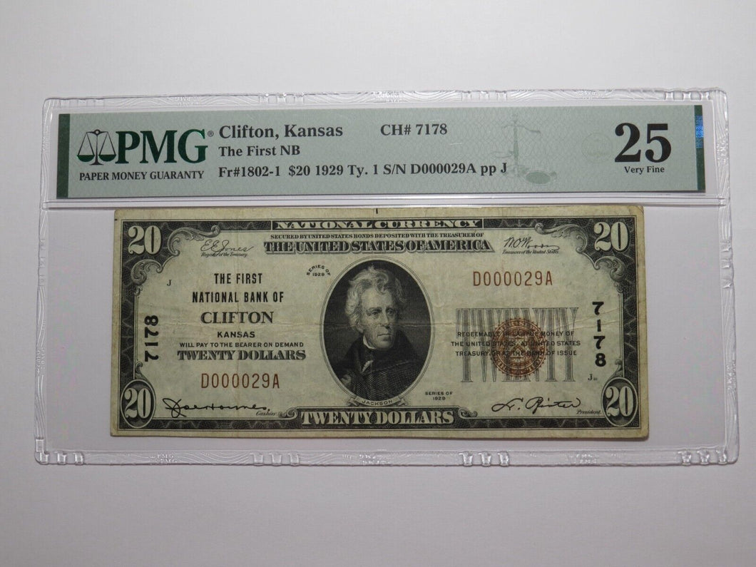 $20 1929 Clifton Kansas KS National Currency Bank Note Bill Ch. #7178 VF25 PMG