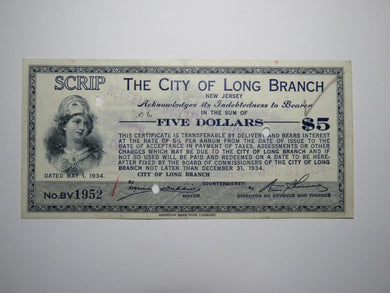 $5 1934 Long Branch New Jersey NJ Obsolete Currency Bank Note Scrip City of LB!