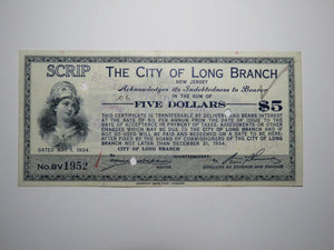 $5 1934 Long Branch New Jersey NJ Obsolete Currency Bank Note Scrip City of LB!