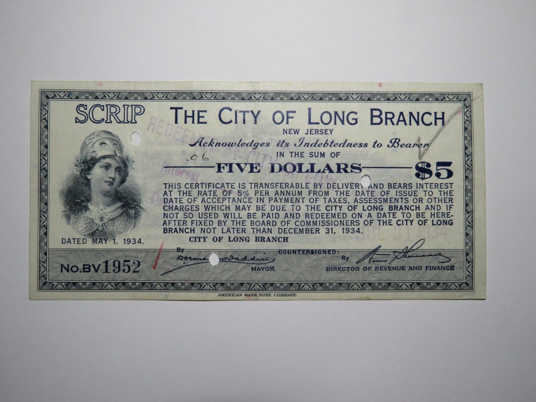 $5 1934 Long Branch New Jersey NJ Obsolete Currency Bank Note Scrip City of LB!