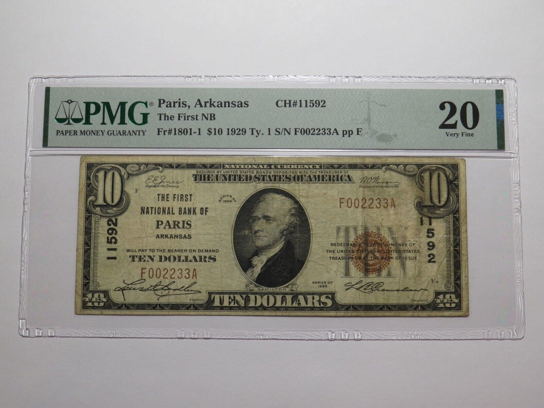 $10 1929 Paris Arkansas AR National Currency Bank Note Bill Ch. #11592 VF20 PMG