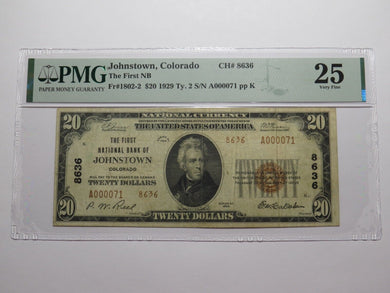 $20 1929 Johnstown Colorado National Currency Bank Note Bill Ch. #8636 VF25 PMG