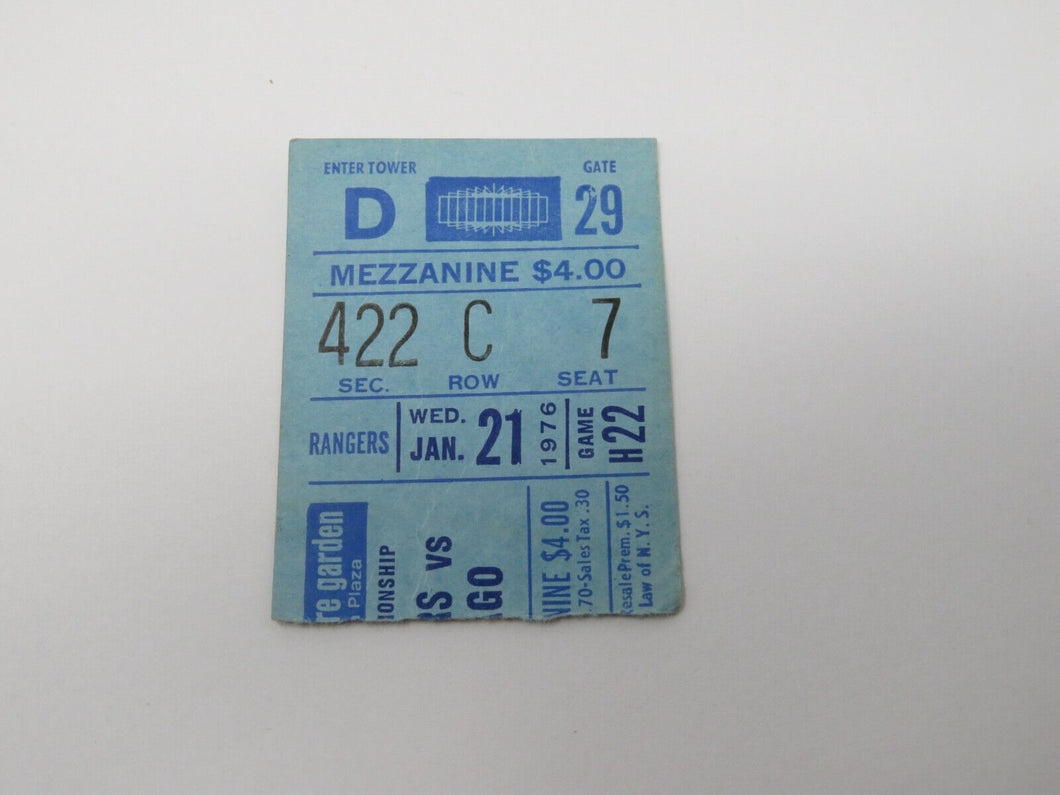 January 21, 1976 New York Rangers Vs. Chicago Blackhawks NHL Hockey Ticket Stub