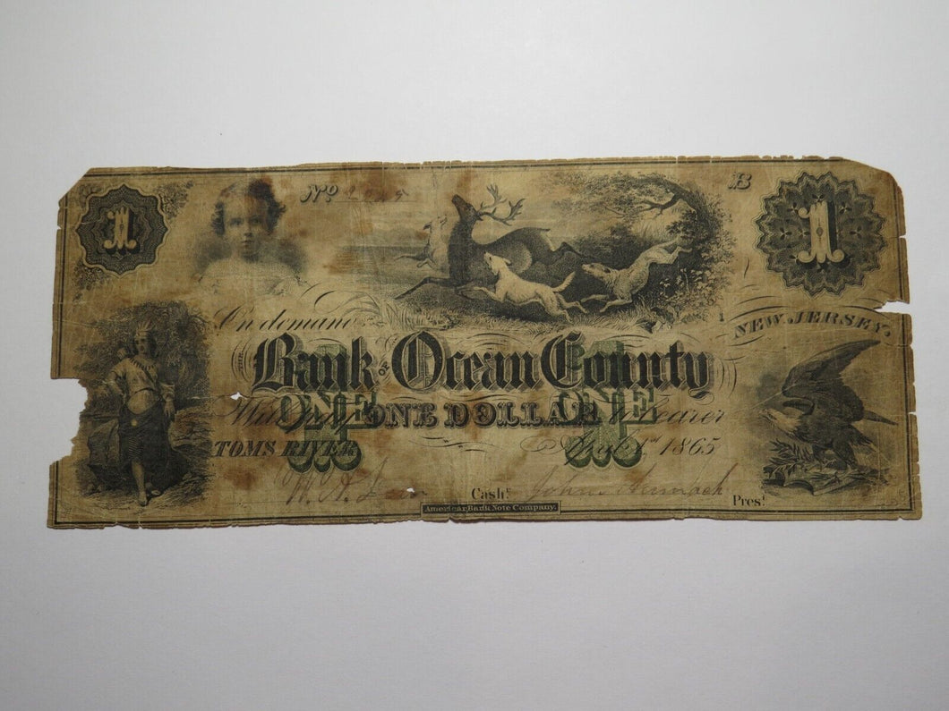 $1 1865 Toms River New Jersey NJ Obsolete Currency Bank Note Bill Ocean County
