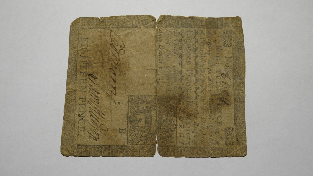 1772 18 Pence Pennsylvania PA Colonial Currency Note Bill! RARE ISSUE! 18d