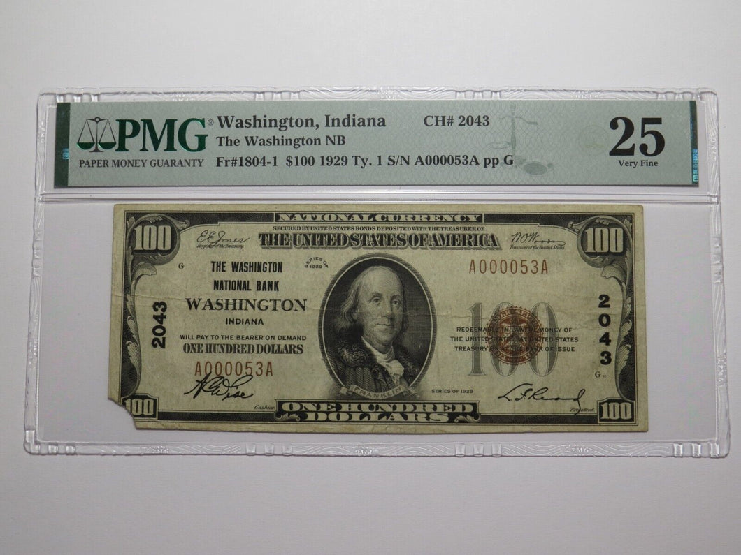 $100 1929 Washington Indiana IN National Currency Bank Note Bill Ch #2043 VF25