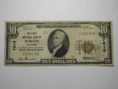 $10 1929 Porter Oklahoma National Currency Bank Note Bill Ch. #7615 Very Fine