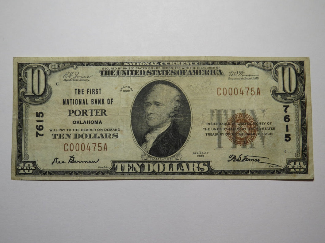$10 1929 Porter Oklahoma National Currency Bank Note Bill Ch. #7615 Very Fine