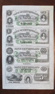 $1-$1-$2-$5 1865 East Haddam Connecticut Obsolete Currency Uncut Sheet Bank Note