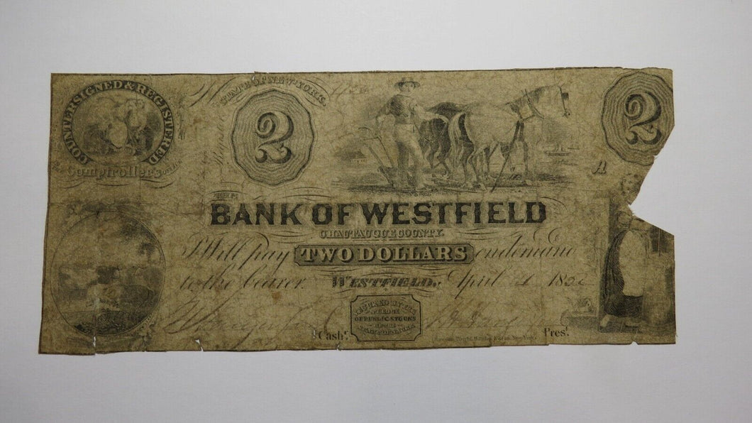 $2 1852 Westfield New York NY Obsolete Currency Bank Note Bill Bank of Westfield
