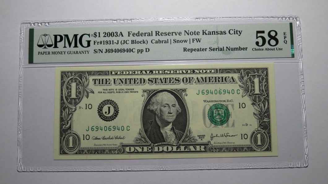 $1 2003 Repeater Serial Number Federal Reserve Currency Bank Note Bill PMG AU58