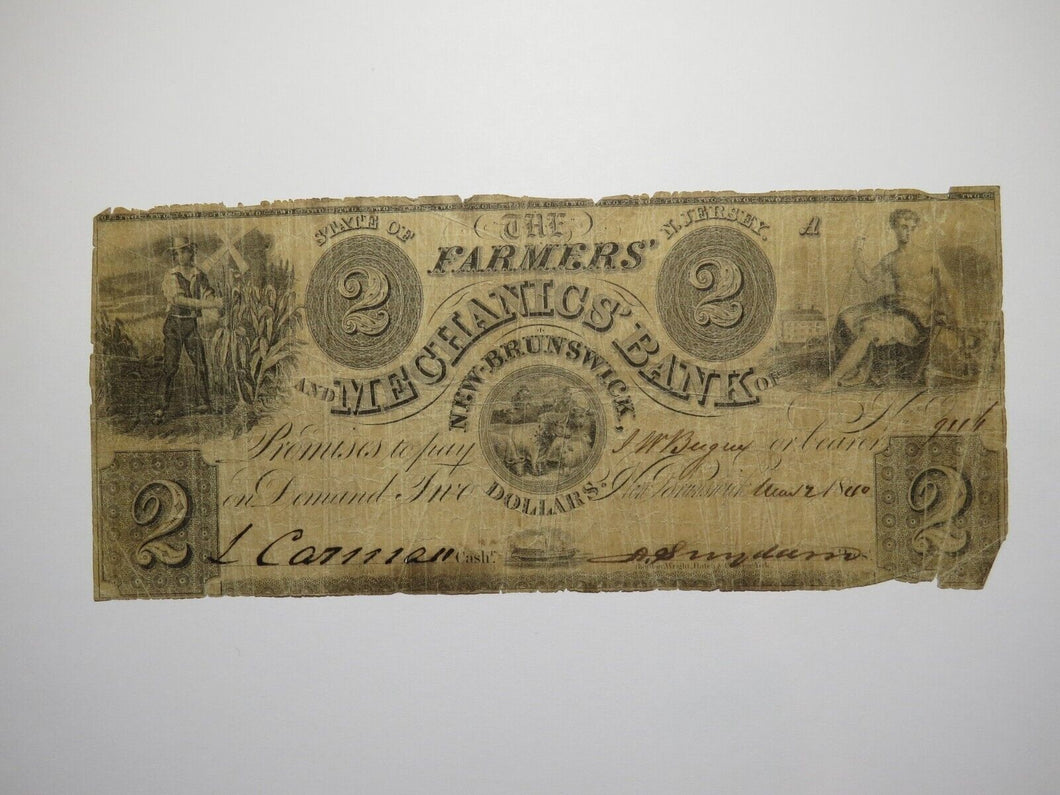 $2 1840 New Brunswick New Jersey Obsolete Currency Bank Note Bill Mechanics Bank