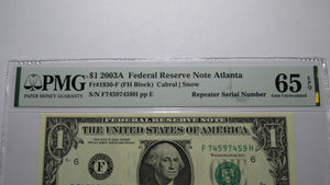 $1 2003 Repeater Serial Number Federal Reserve Currency Bank Note Bill PMG UNC65
