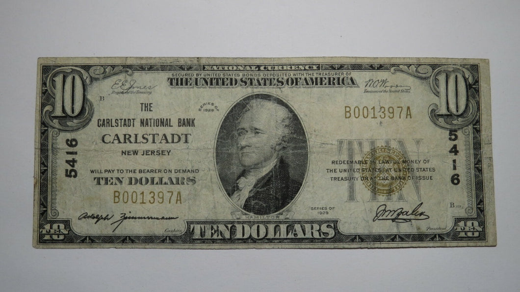 $10 1929 Carlstadt New Jersey NJ National Currency Bank Note Bill Charter #5416