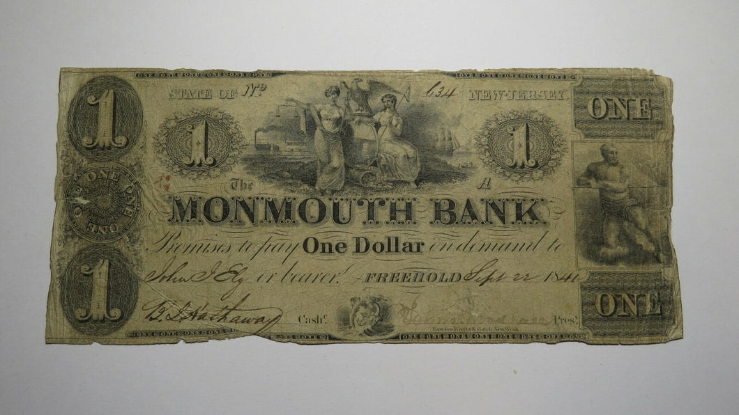 $1 1841 Freehold New Jersey NJ Obsolete Currency Bank Note Bill Monmouth Bank!