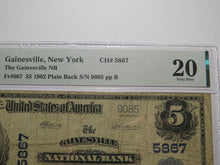 Load image into Gallery viewer, $5 1902 Gainesville New York NY National Currency Bank Note Bill Ch. #5867 VF20