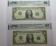 Load image into Gallery viewer, 2 $1 1969 &amp; 1999 Matching Radar Serial Numbers Federal Reserve Bank Note Bills