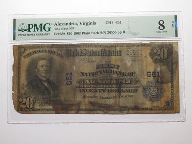 $20 1902 Alexandria Virginia National Currency Bank Note Bill Charter #651 PMG