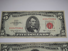Load image into Gallery viewer, 2 $5 1963 Lincoln Red Seal Legal Tender Currency Notes Bank Bill VF-XF Condition