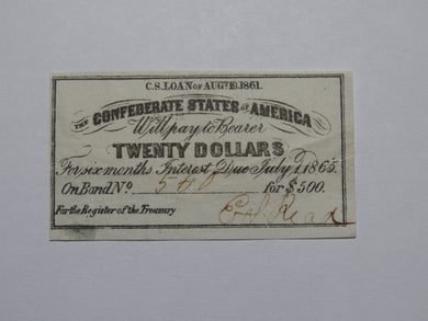 $20 1861 Confederate Bond Coupon Certificate Currency Bank Note Bill UNC