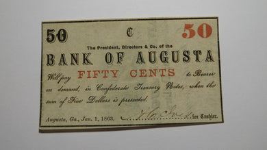 $.50 1863 Augusta Georgia Obsolete Currency Bank Note Bill Bank of Augusta UNC++