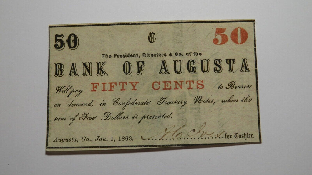 $.50 1863 Augusta Georgia Obsolete Currency Bank Note Bill Bank of Augusta UNC++