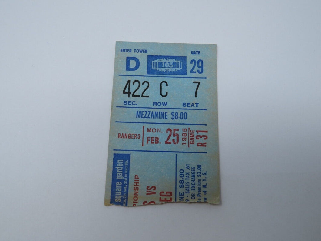 February 25, 1985 New York Rangers Vs. Winnipeg Jets NHL Hockey Ticket Stub
