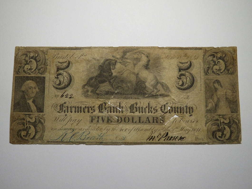 $5 1841 Bristol Pennsylvania Obsolete Currency Bank Note Bill Bucks County!