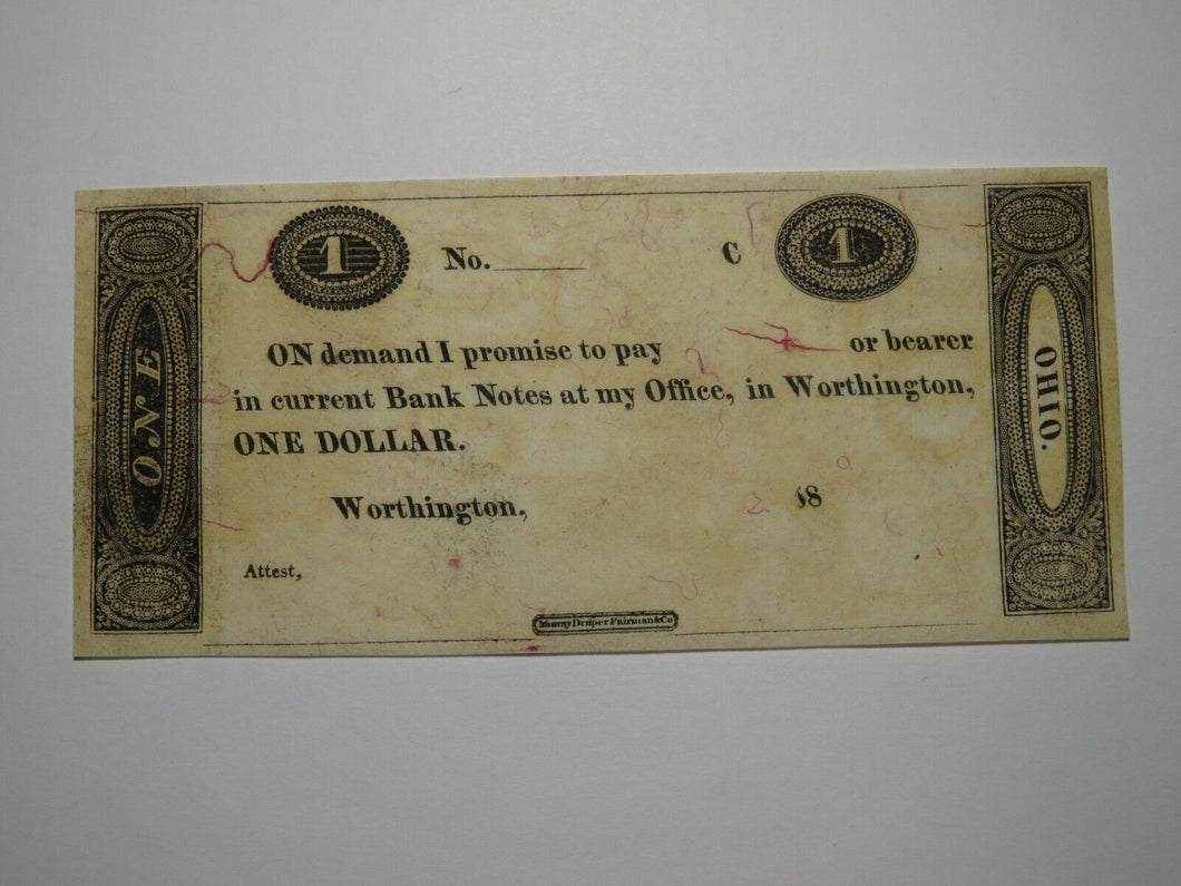 $1 18__ Worthington Ohio OH Obsolete Currency Bank Note Erza Griswold UNC++