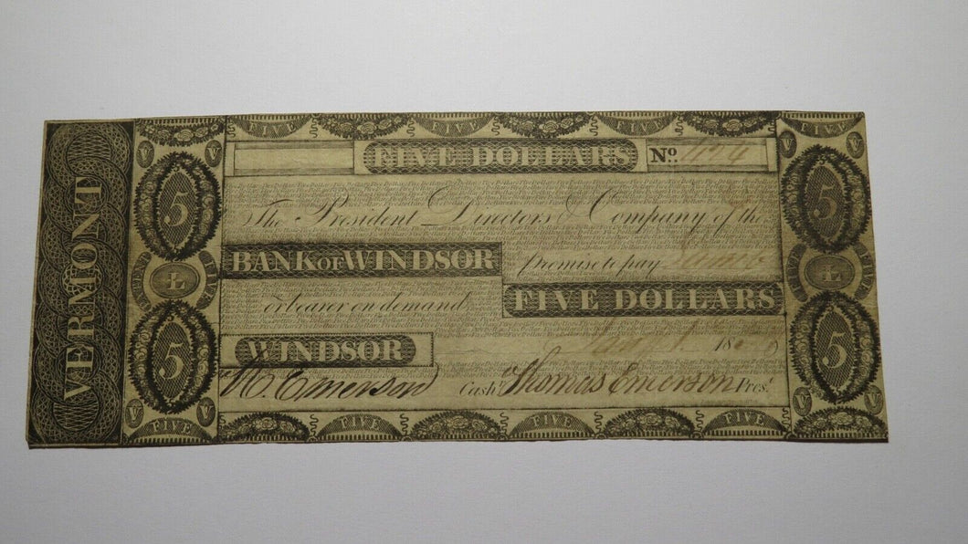 $5 1831 Windsor Vermont VT Obsolete Currency Bank Note Bill! Bank of Windsor VF+