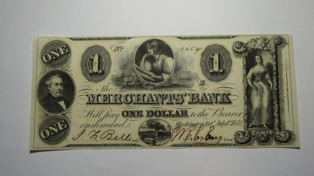 $1 1852 Washington D.C. Obsolete Currency Bank Note Bill! Merchants Bank DC XF++