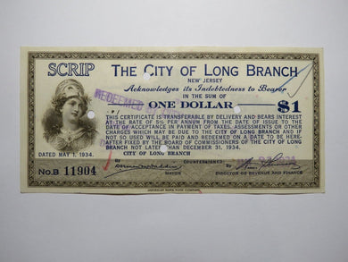 $1 1934 Long Branch New Jersey NJ Obsolete Currency Bank Note Scrip City of LB