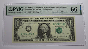 $1 2003 Radar Serial Number Federal Reserve Currency Bank Note Bill PMG UNC66EPQ