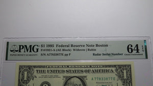 $1 1995 Radar Serial Number Federal Reserve Currency Bank Note Bill PMG UNC64EPQ