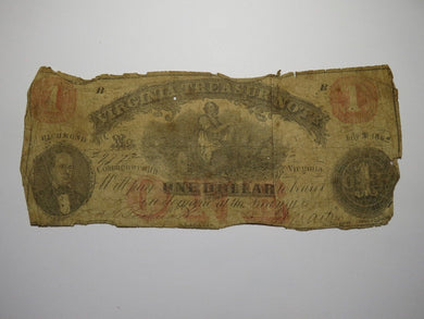 $1 1862 Richmond Virginia VA Obsolete Currency Treasury Bank Note Bill