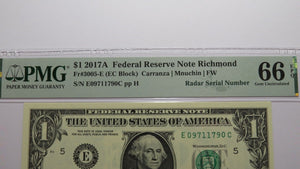 $1 2017 Radar Serial Number Federal Reserve Currency Bank Note Bill PMG UNC66EPQ