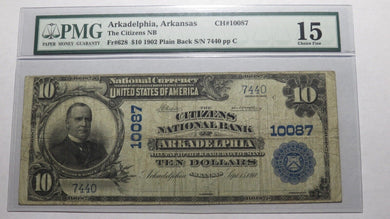 $10 1902 Arkadelphia Arkansas AR National Currency Bank Note Bill #10087 PMG F15
