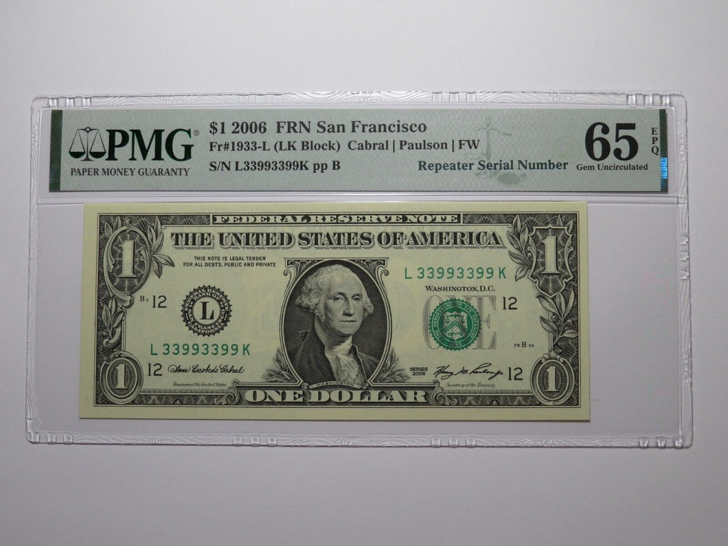 $1 2006 Fancy Repeater Serial Number Federal Reserve Currency Bank Note 33993399