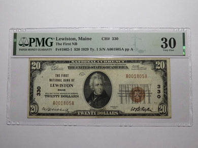$20 1929 Lewiston Maine National Currency Bank Note Bill Charter #330 VF30 PMG