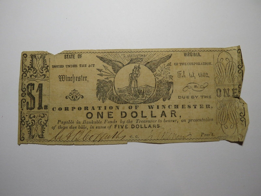 $1 1862 Winchester Virginia Obsolete Currency Bank Note Bill Corp. of Winchester