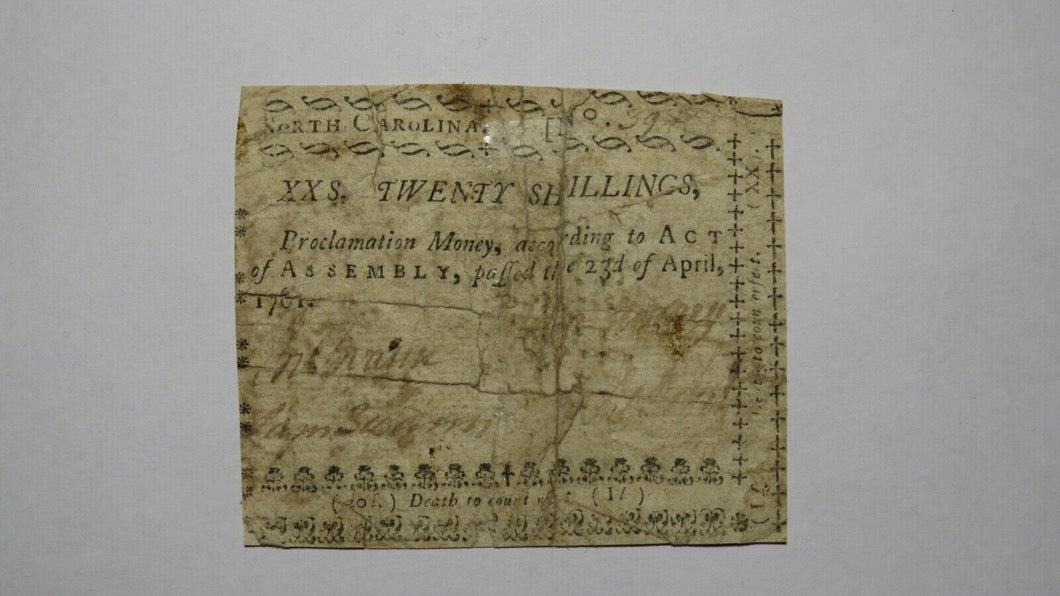 1761 20 Shillings North Carolina Colonial Currency Note Bill! RARE ISSUE! 20s