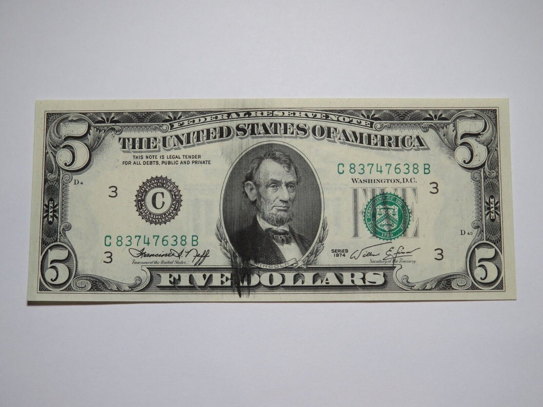 $5 1974 Large Ink Smears on Face Error Federal Reserve Bank Note Bill UNC++