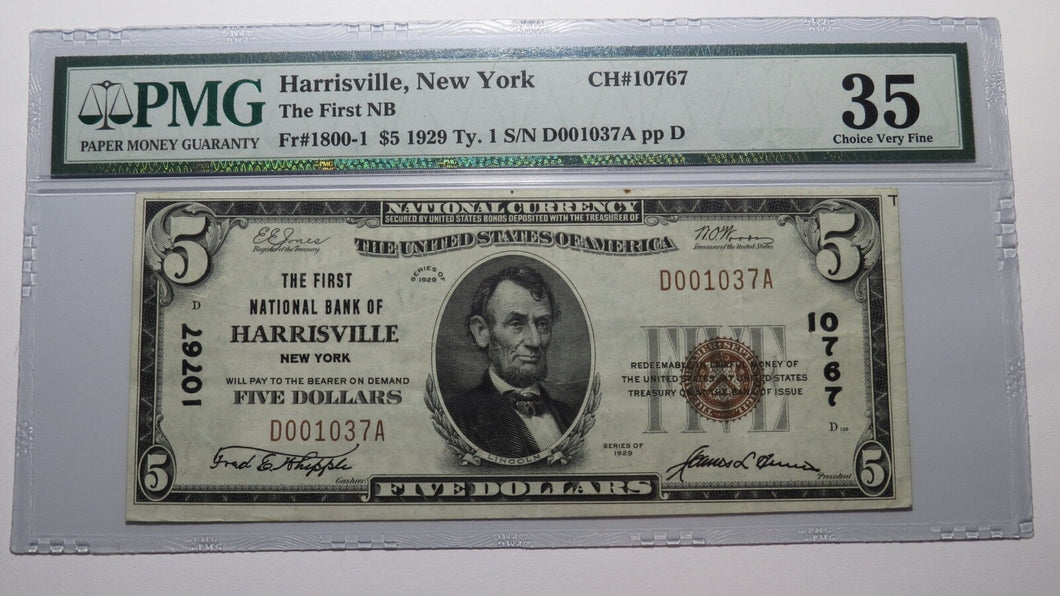 $5 1929 Harrisville New York NY National Currency Bank Note Bill Ch #10767 VF35